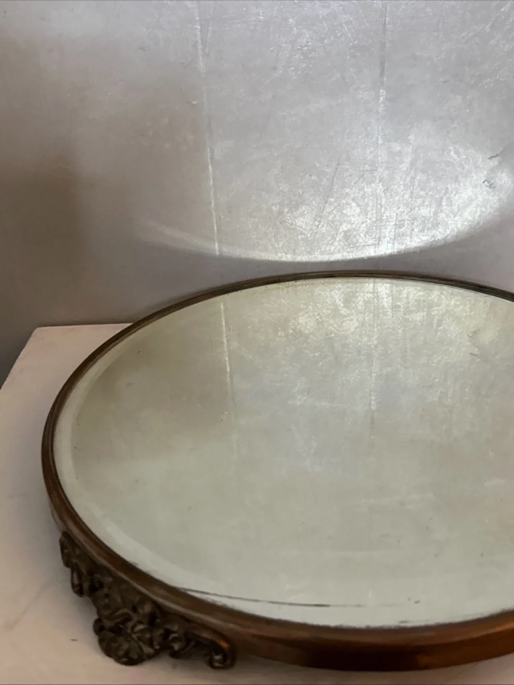 Antique COPPER Mirror Plateau with Raised Feet and Beveled Edge